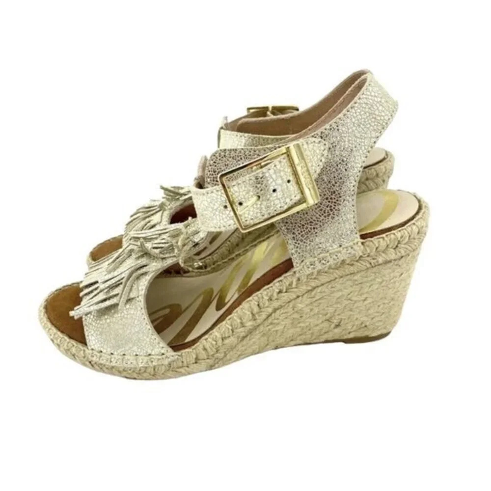 Cuple Gold Leather Espadrille Sandals Metallic Wedge Fringe SZ 37 EU 6.5 US NIB